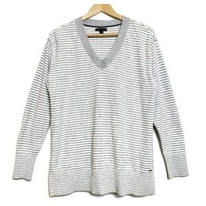 Tommy Hilfiger Gray and White Striped V-Neck Sweater